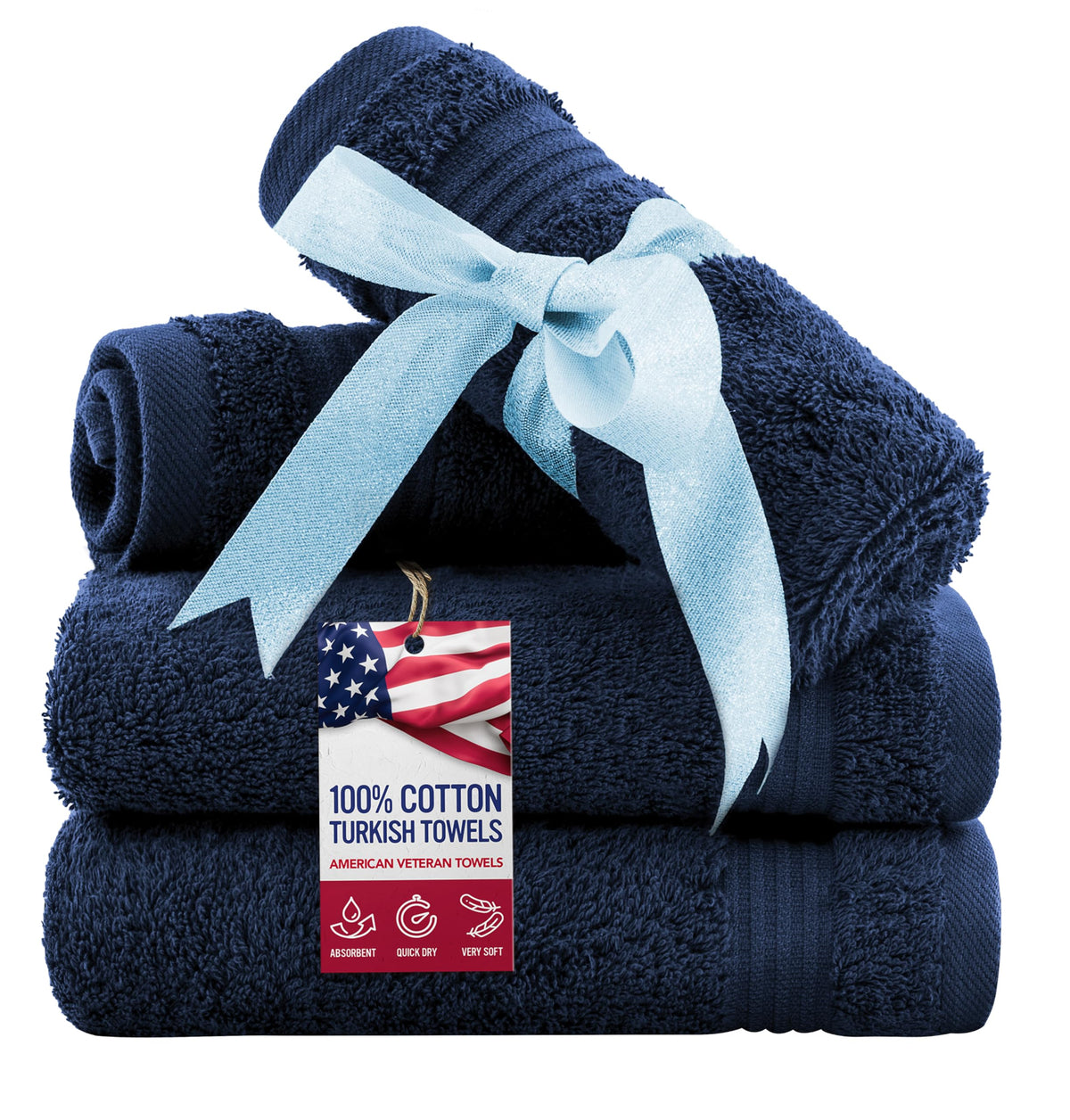 American Veteran Towel, Hand Towels for Bathroom Set of 4, 100% Cotton Turkish Hand Towel Sets, Soft Hand Face Towels, Navy Blue Hand Towels