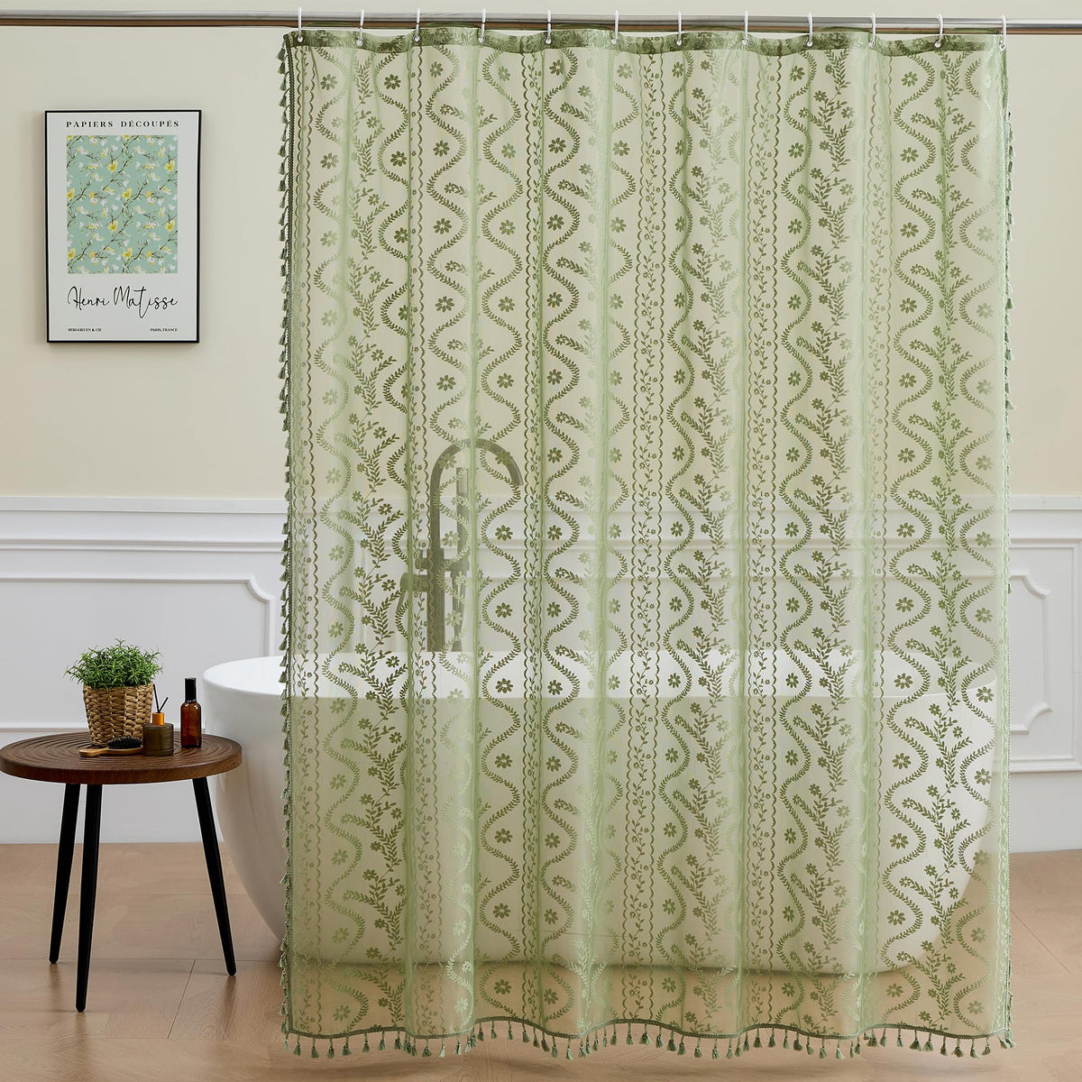 WAZZIO Dark Sage Green Lace Shower Curtain,Boho Chic,72 x 84 in