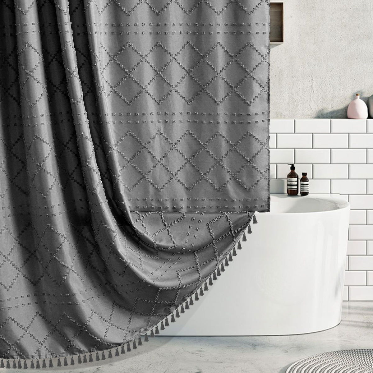 White Boho Shower Curtain Fabric Shower Curtains with Tassel 72 x 72 Modern Textured Shower Curtain Farmhouse Minimalist, Tufted Chevron Striped Shabby Chic, Water Resistant Cloth Curtain for Bathroom