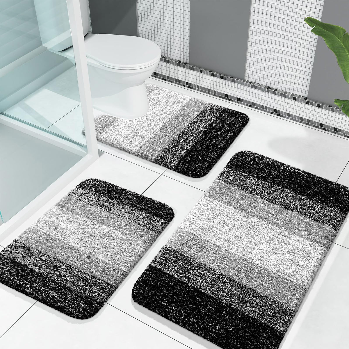 OLANLY Microfiber Bathroom Rugs Sets 3 Piece, Absorbent Bath Mats, Grey