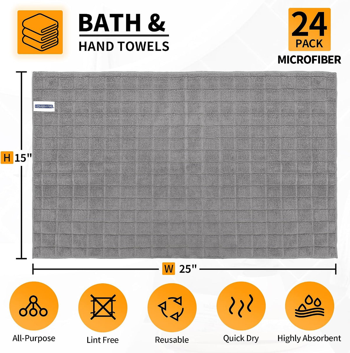 Hand Towels for Bathroom, 24 Pack 25''*15'' Microfiber Grey Bath Hand Towels, Quick Dry Lint Free Soft Absorbent Bulk Washcloths Decorative Fingertip Towels for Hotel Travel Kitchen