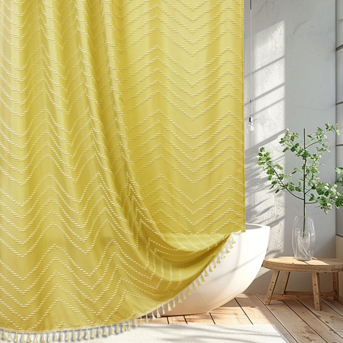Siiluminisoy Boho Shower Curtain with Tassel Woven Fabric Olive Green Shower Curtain 72 x 72 Modern Farmhouse Textured Tufted Chevron Striped Minimalist Bathroom Shower Curtains