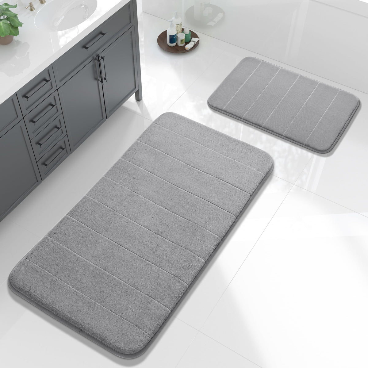 Yimobra Memory Foam Bathroom Rugs Sets 2 Piece - Super Soft Absorbent Quick Dry Bath Mat Set, Machine Washable Non Slip Floor Carpet for Tub Shower & Single Sink (17x24 & 31.5x20 Inch, Gray)