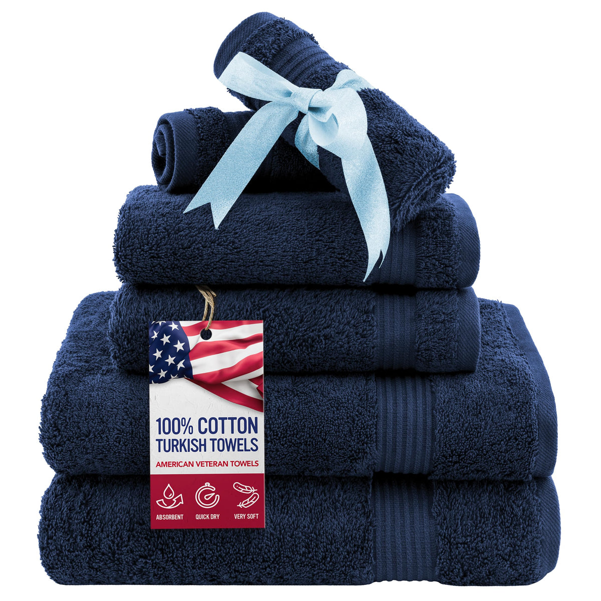 American Veteran Towel, Hand Towels for Bathroom Set of 4, 100% Cotton Turkish Hand Towel Sets, Soft Hand Face Towels, Navy Blue Hand Towels