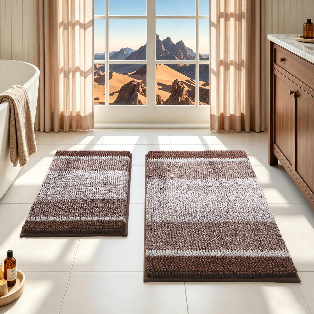 HOMEIDEAS Blue Bathroom Rugs Sets 2 Piece Chenille, 20"x32"+17"x24"