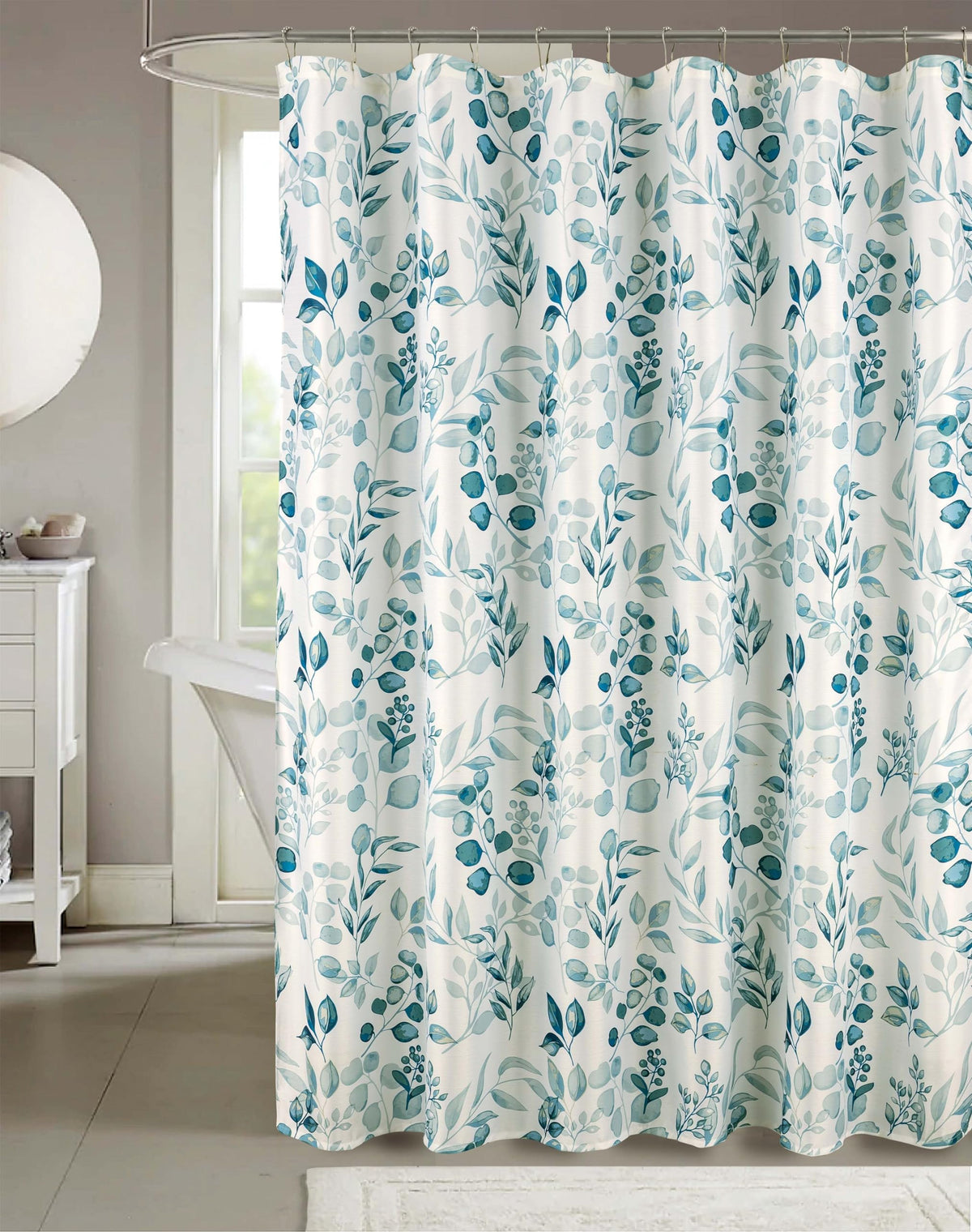 Blue Floral Fabric Shower Curtain Farmhouse Border Design for Bath 72x72