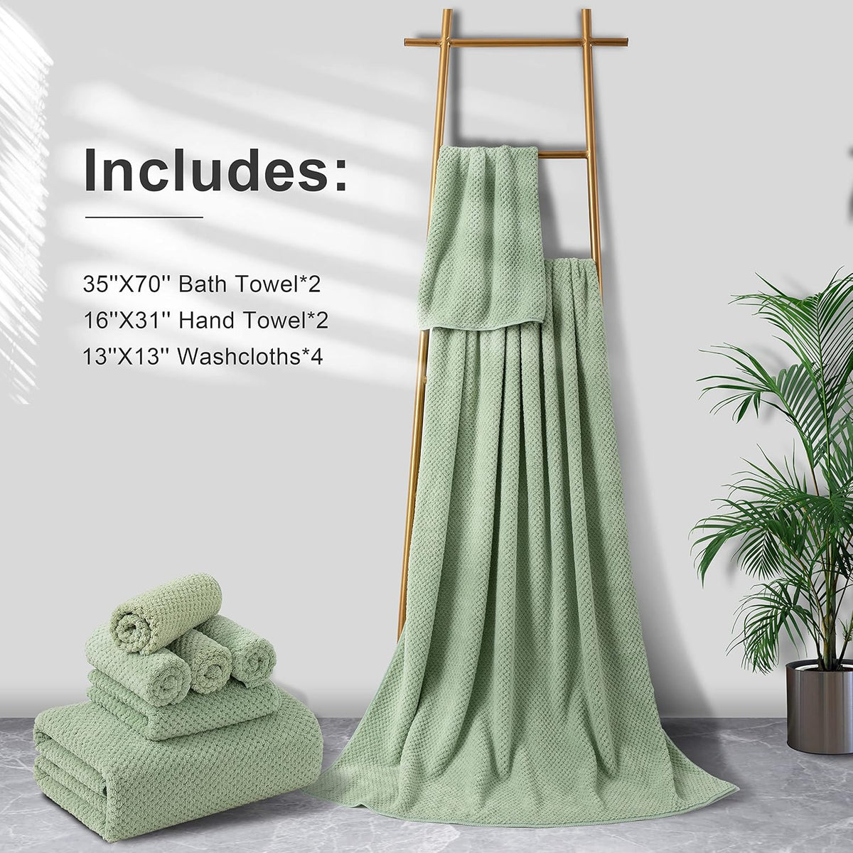 8-Piece Bath Towel Set, 2 Extra Large Bath Towel Sheets, 2 Hand Towels and 4 Washcloths - Highly Absorbent Quick Dry Polyester,Ultra Soft Towel Set for Bathroom, Waffle Weave Design, Pack of 8, Green