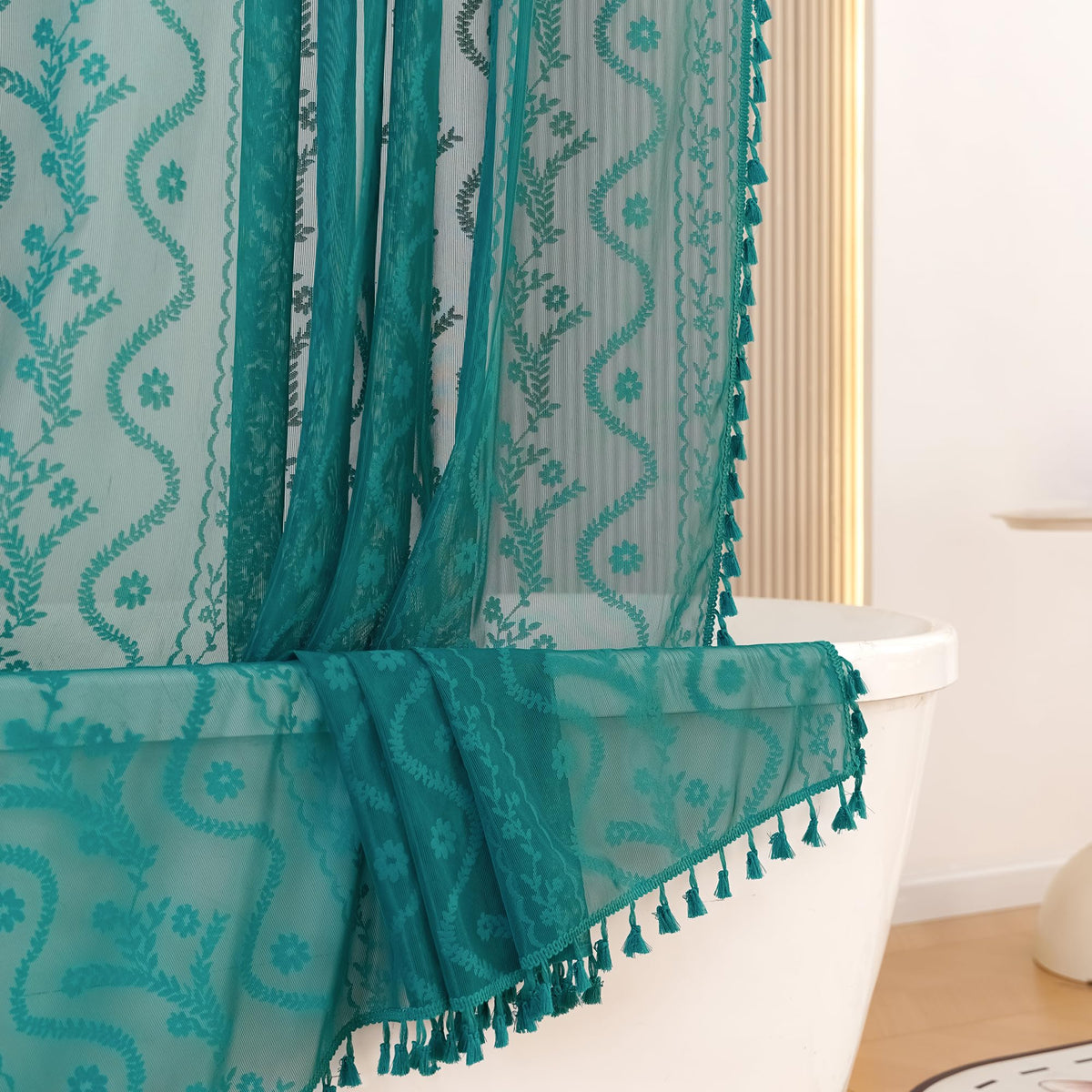 WAZZIO Dark Sage Green Lace Shower Curtain,Boho Chic,72 x 84 in