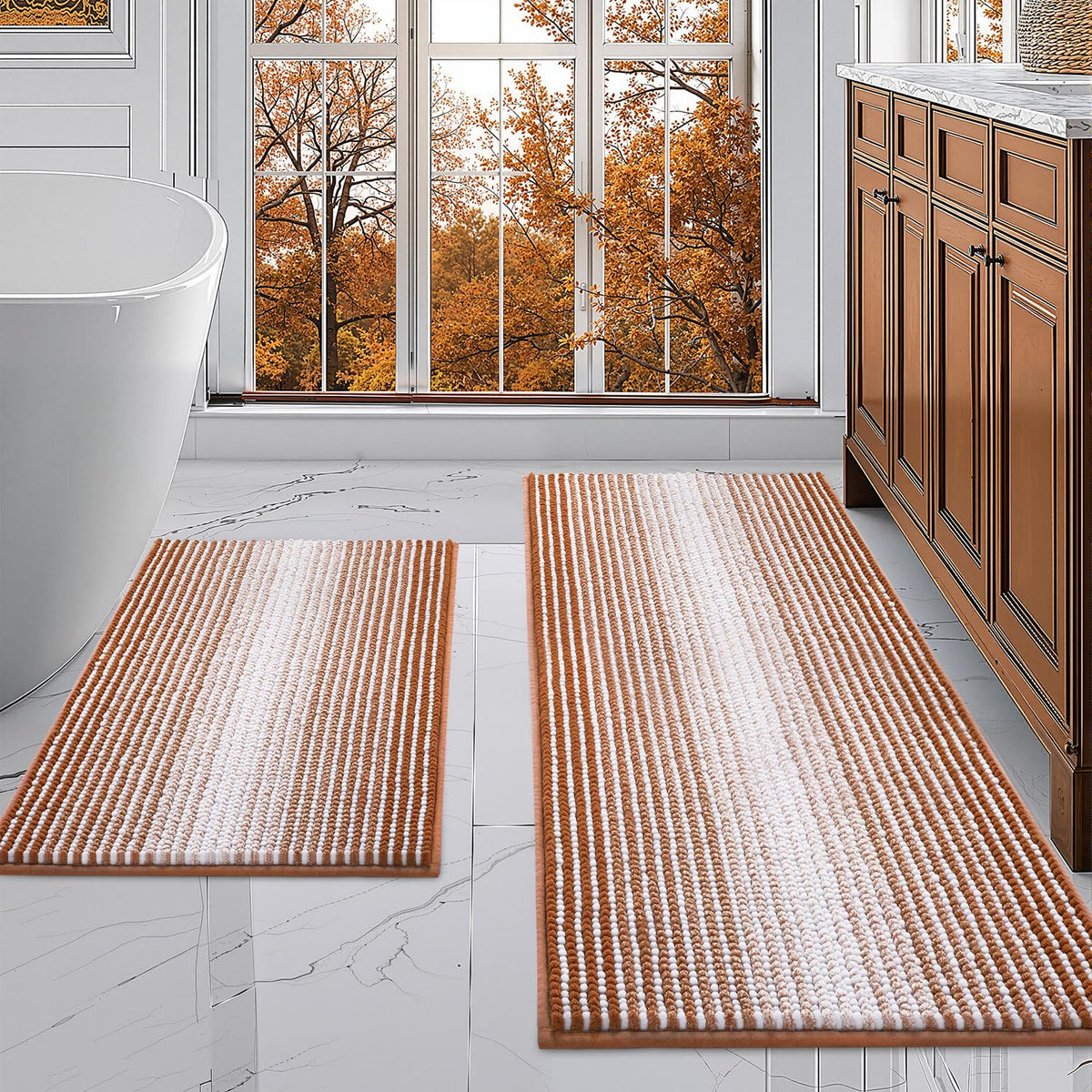 BSICPRO Large Chenille Bathroom Rugs Runner, 20x47 Striped Bath Mats, Beige