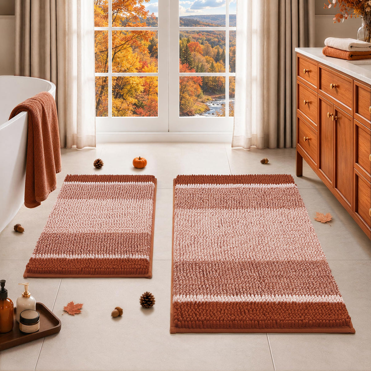 HOMEIDEAS Blue Bathroom Rugs Sets 2 Piece Chenille, 20"x32"+17"x24"