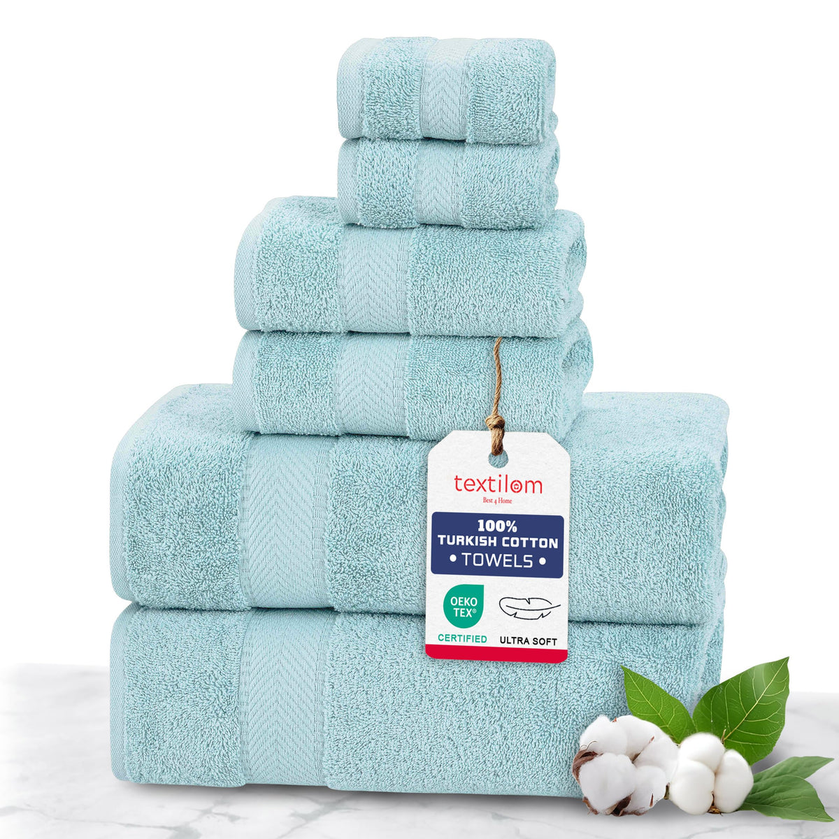 TEXTILOM 100% Turkish Cotton 6 Pcs Luxury Bath Towel Set, Soft & Absorbent Towels for Bathroom (2 Bath Towels, 2 Hand Towel, 2 Washcloths) - Aqua