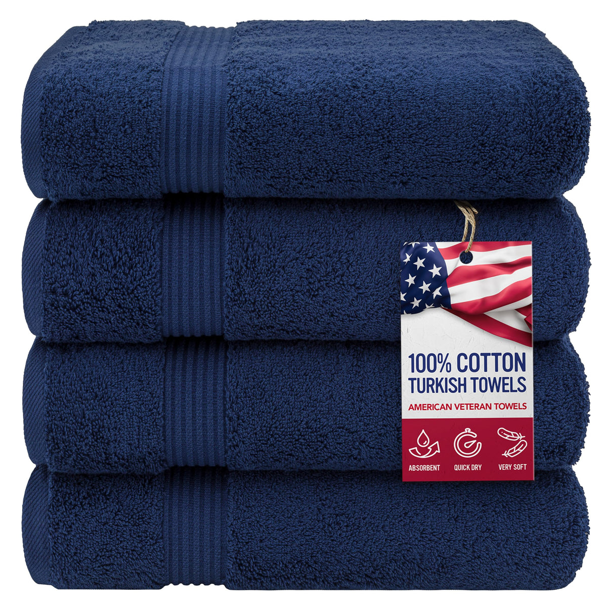 American Veteran Towel, Hand Towels for Bathroom Set of 4, 100% Cotton Turkish Hand Towel Sets, Soft Hand Face Towels, Navy Blue Hand Towels