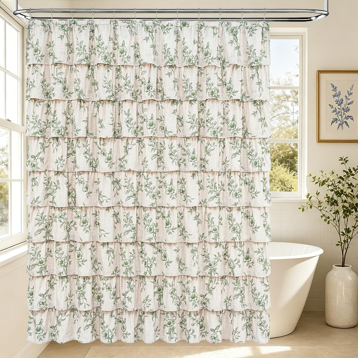 Farmhouse Floral Shower Curtain, Ruffle Bathroom Curtains, 72"Wx72"L