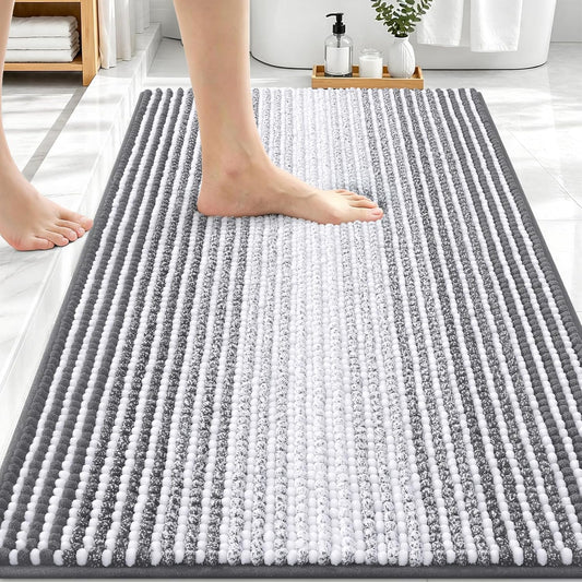 OLANLY Bathroom Rugs 30x20, Soft Chenille Striped Bath Rugs, Grey