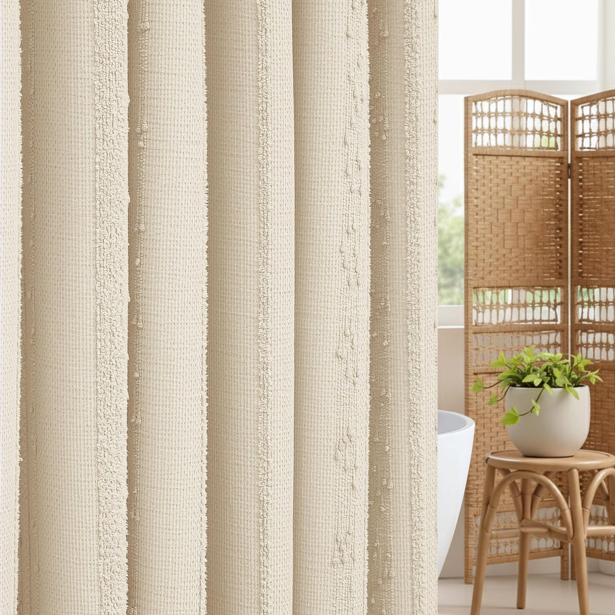 White Shower Curtain Boho, Textured Shower Curtain Cotton Blend Waffle Weave Stripe Fabric Shower Curtains for Bathroom, Hotel, Washable, 72 x 72