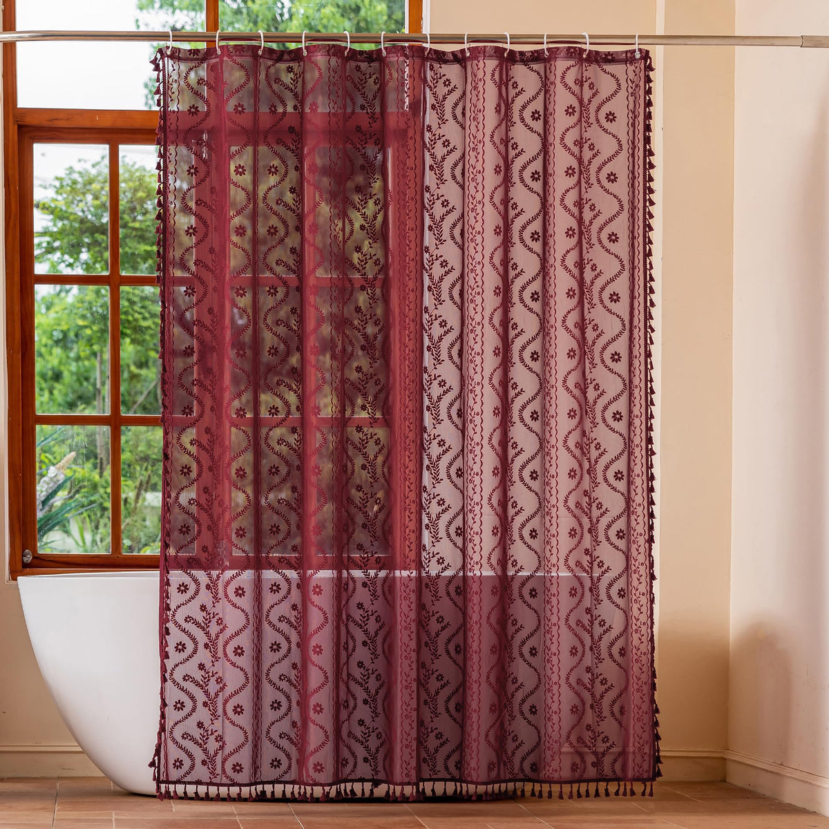 WAZZIO Dark Sage Green Lace Shower Curtain,Boho Chic,72 x 84 in