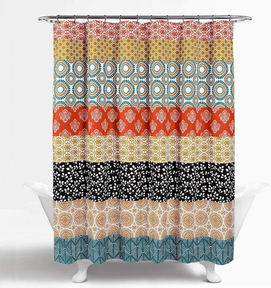 Lush Decor Bohemian Stripe Shower Curtain 72" W x 72" L Turquoise & Orange - Bathroom Curtain - Striped Shower Curtain - Boho Decor - Fabric Shower Curtains