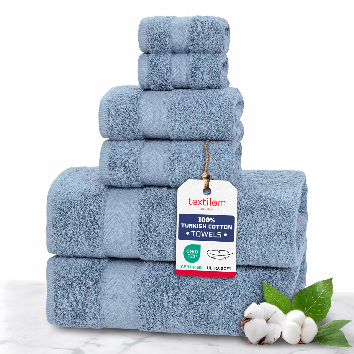 TEXTILOM 100% Turkish Cotton 6 Pcs Luxury Bath Towel Set, Soft & Absorbent Towels for Bathroom (2 Bath Towels, 2 Hand Towel, 2 Washcloths) - Aqua