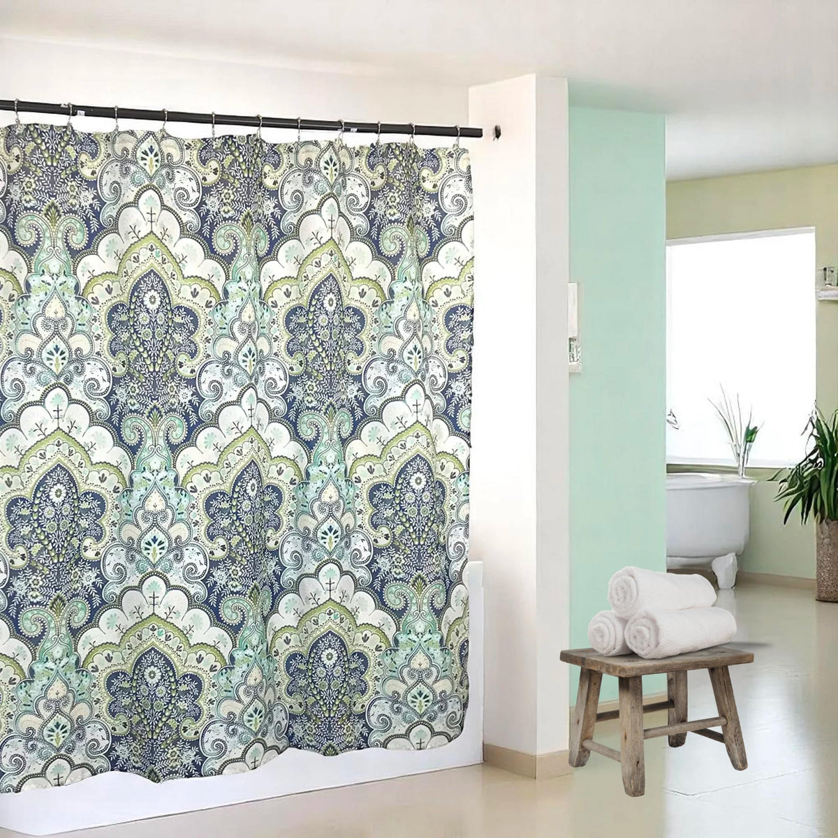 Blue Floral Fabric Shower Curtain Farmhouse Border Design for Bath 72x72