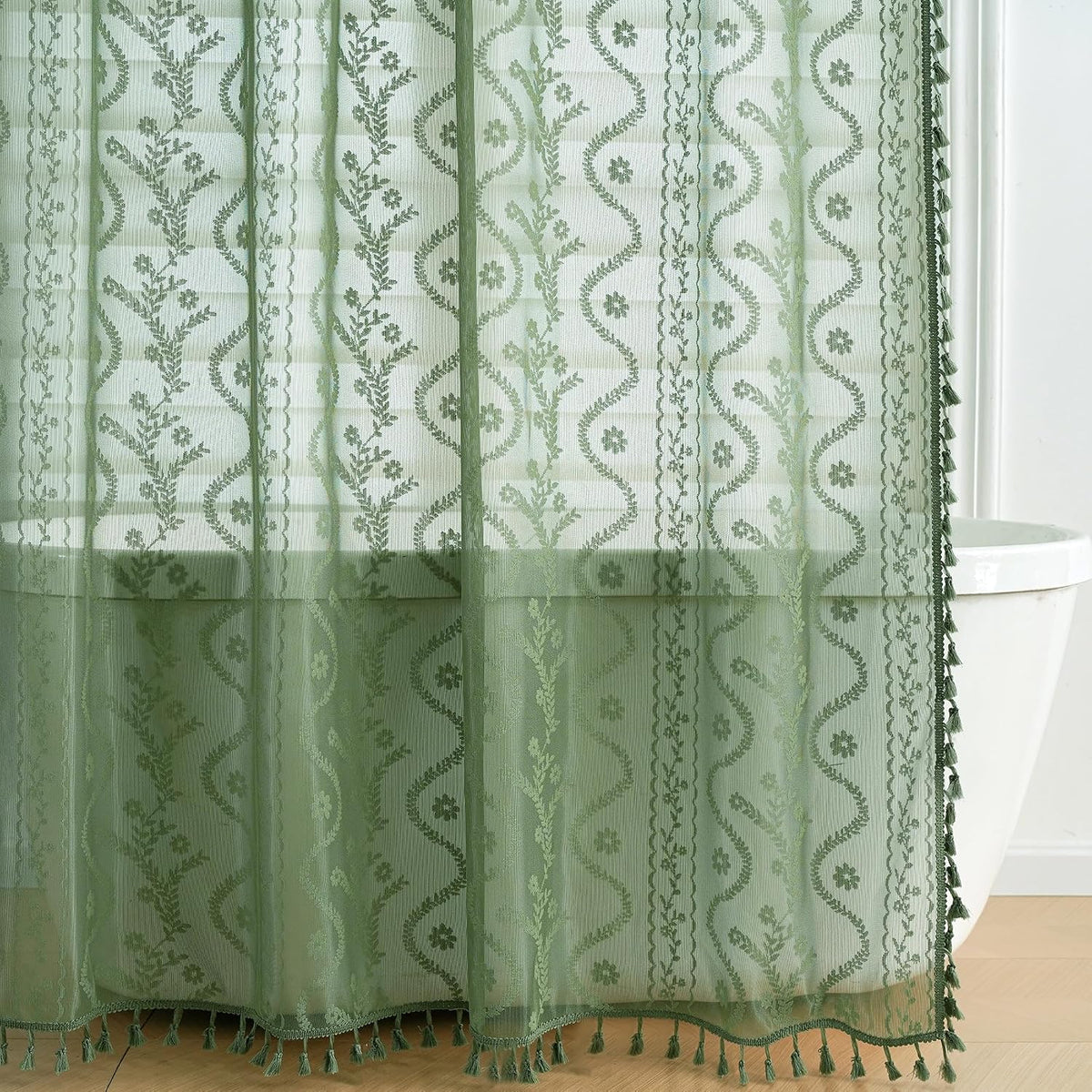 WAZZIO Dark Sage Green Lace Shower Curtain,Boho Chic,72 x 84 in