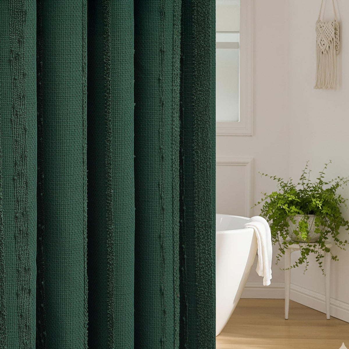 White Shower Curtain Boho, Textured Shower Curtain Cotton Blend Waffle Weave Stripe Fabric Shower Curtains for Bathroom, Hotel, Washable, 72 x 72