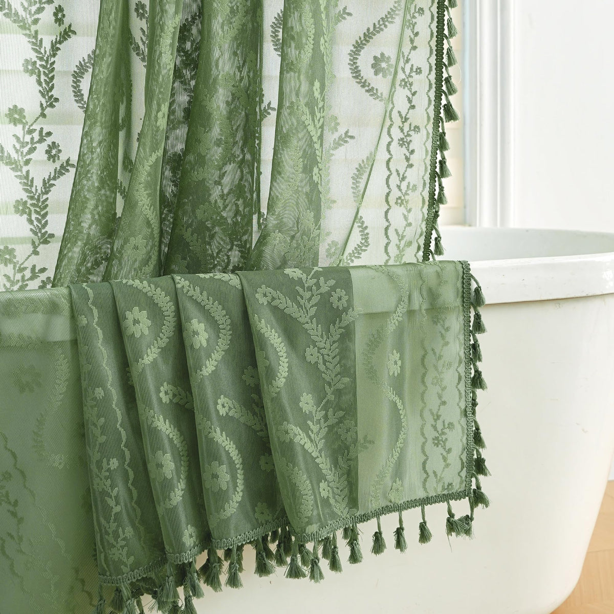 WAZZIO Dark Sage Green Lace Shower Curtain,Boho Chic,72 x 84 in