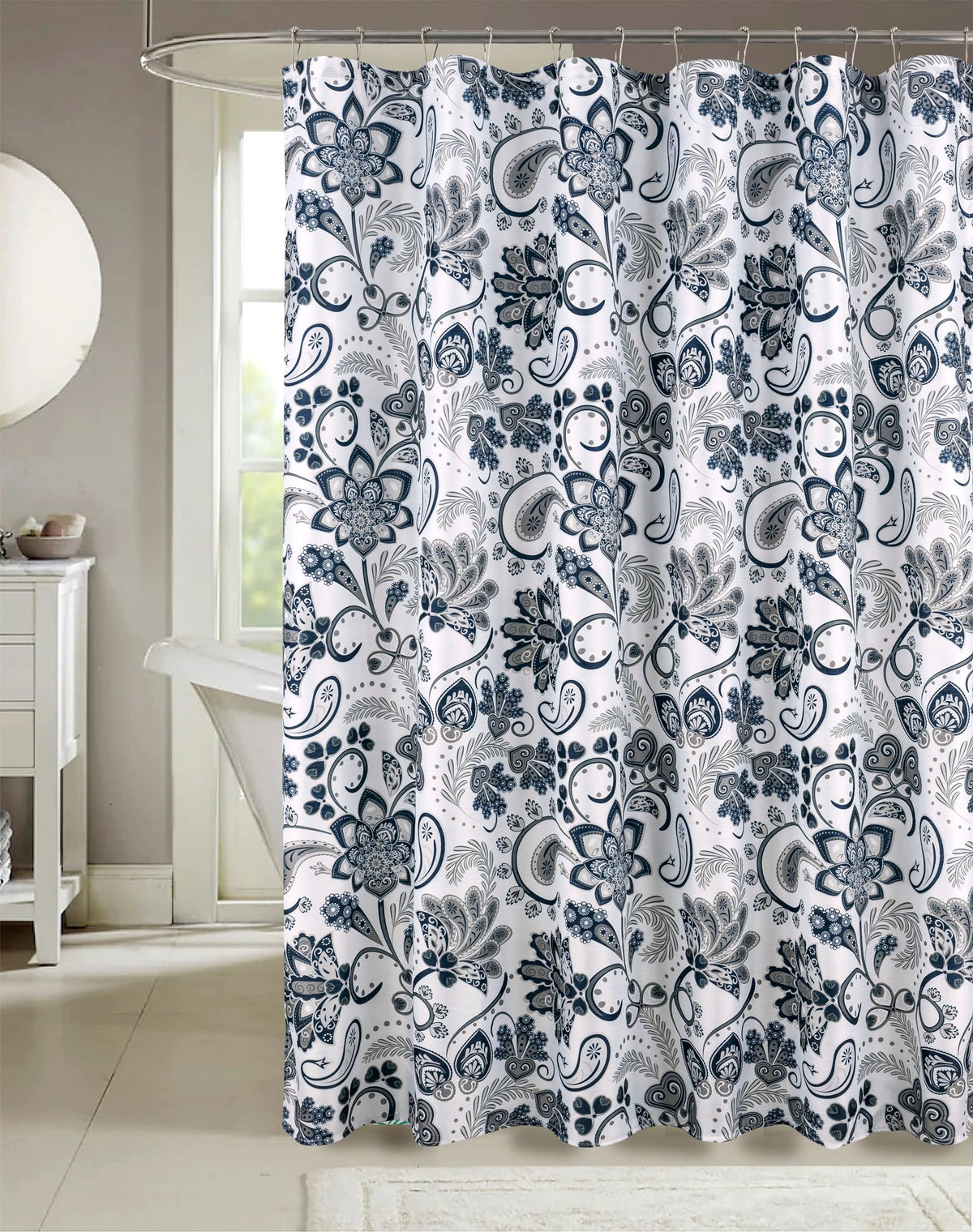 Blue Floral Fabric Shower Curtain Farmhouse Border Design for Bath 72x72