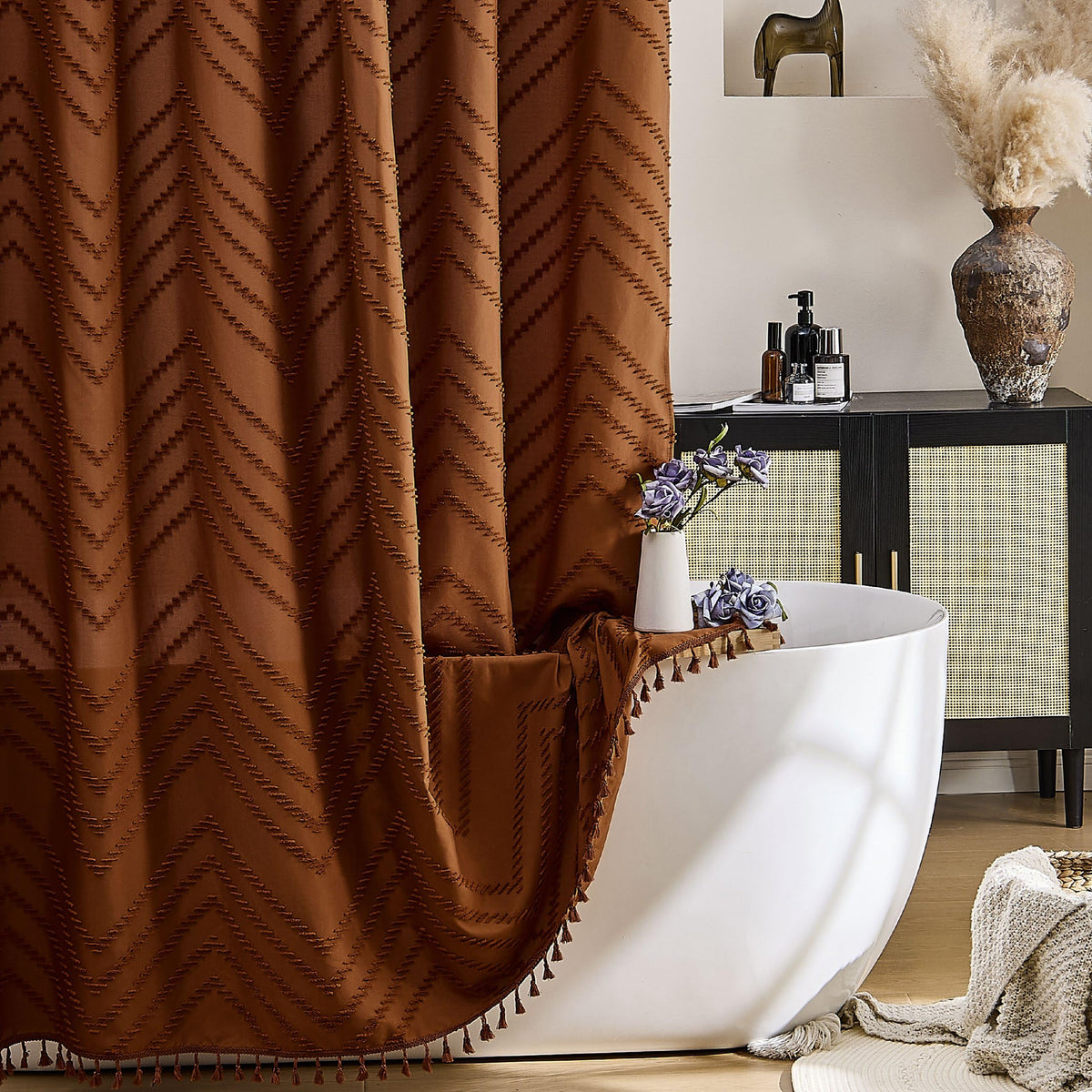 Siiluminisoy Boho Shower Curtain with Tassel Woven Fabric Olive Green Shower Curtain 72 x 72 Modern Farmhouse Textured Tufted Chevron Striped Minimalist Bathroom Shower Curtains