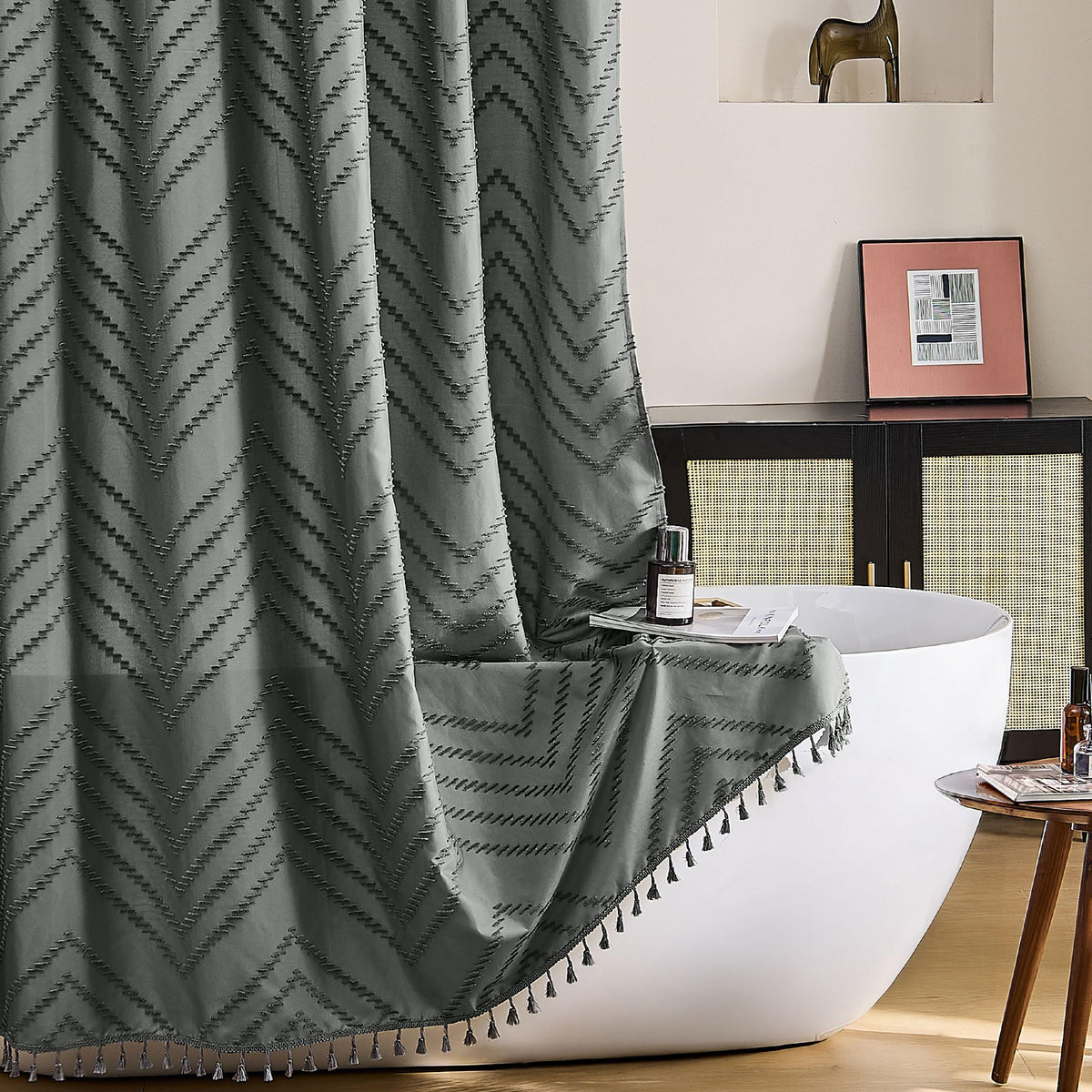 Siiluminisoy Boho Shower Curtain with Tassel Woven Fabric Olive Green Shower Curtain 72 x 72 Modern Farmhouse Textured Tufted Chevron Striped Minimalist Bathroom Shower Curtains
