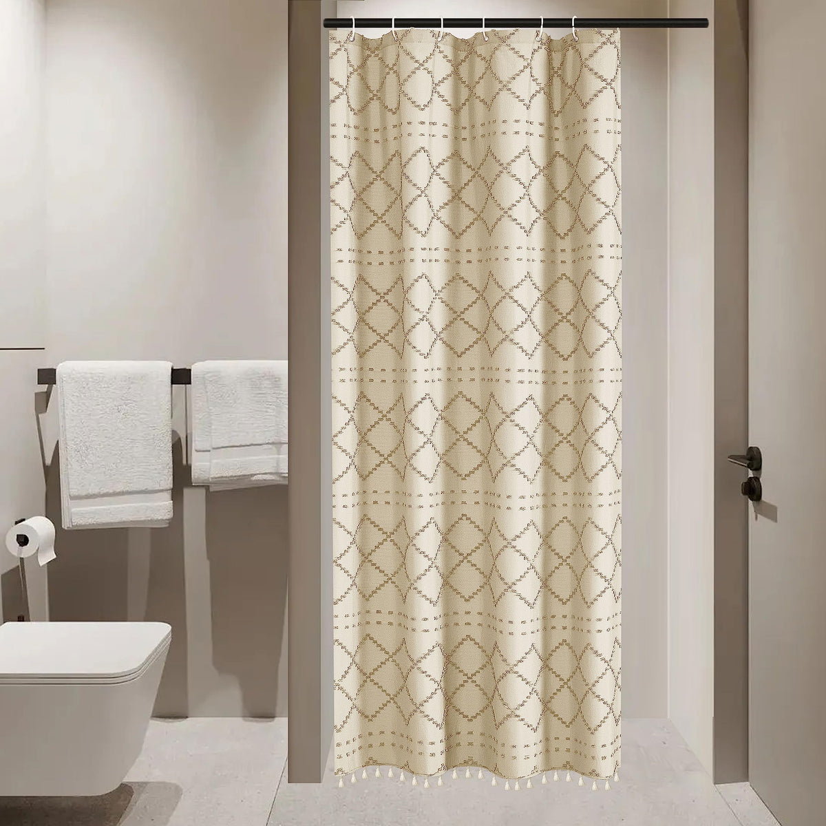White Boho Shower Curtain Fabric Shower Curtains with Tassel 72 x 72 Modern Textured Shower Curtain Farmhouse Minimalist, Tufted Chevron Striped Shabby Chic, Water Resistant Cloth Curtain for Bathroom