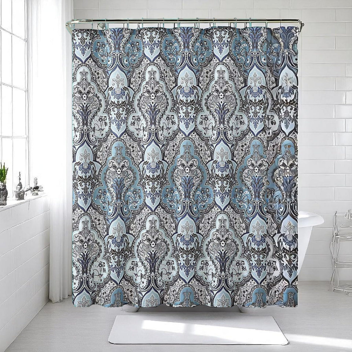 Blue Floral Fabric Shower Curtain Farmhouse Border Design for Bath 72x72