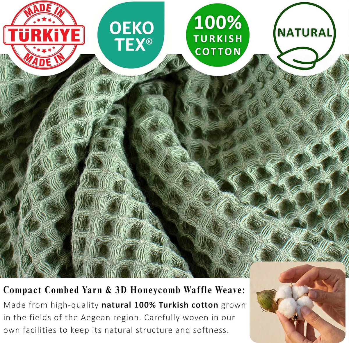 PÜSKÜL Natural 100% Turkish Cotton Waffle Hand and Kitchen Towels Set of 3