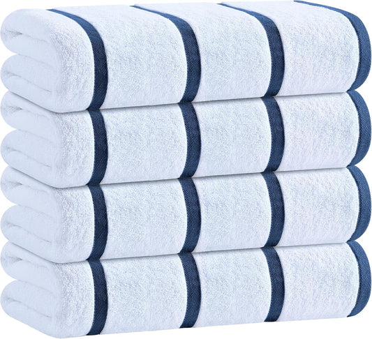 White Classic Cotton Pool Towels Oversized 30 x 60 Inches, Ultra Absorbent and Low Lint Striped Beach Towels for Adults, Stripes Design Luxury Extra Large Bath Towels, Navy Blue, 4 Pack