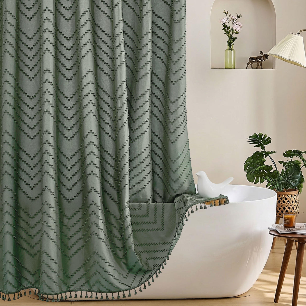 Siiluminisoy Boho Shower Curtain with Tassel Woven Fabric Olive Green Shower Curtain 72 x 72 Modern Farmhouse Textured Tufted Chevron Striped Minimalist Bathroom Shower Curtains