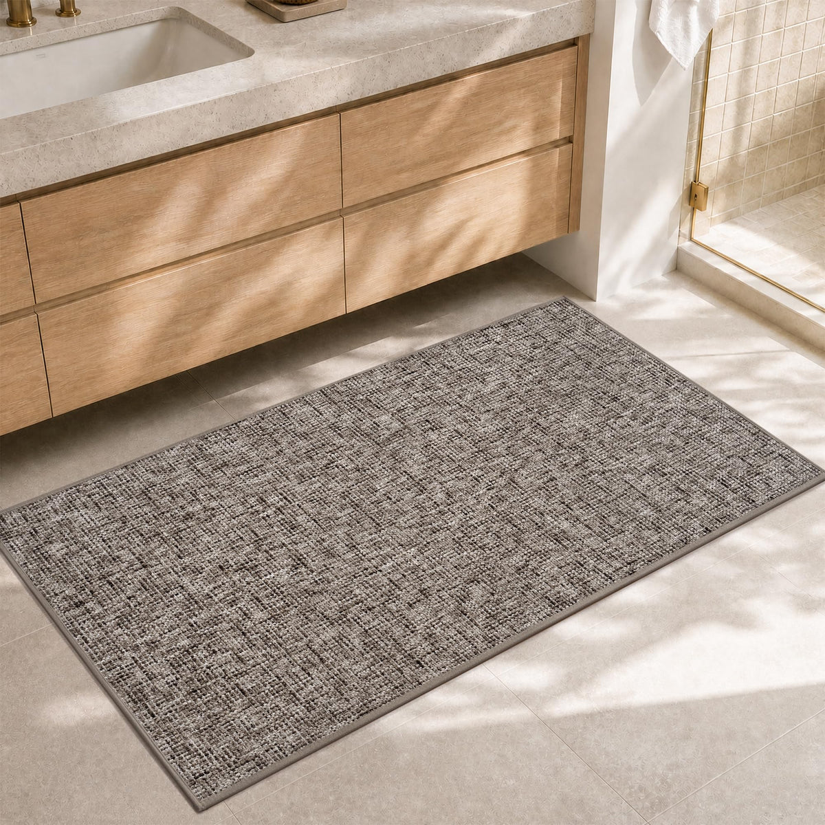 Chenille Bath Mat Non Slip Absorbent Quick Dry Bathroom Mat 17"x24", Beige