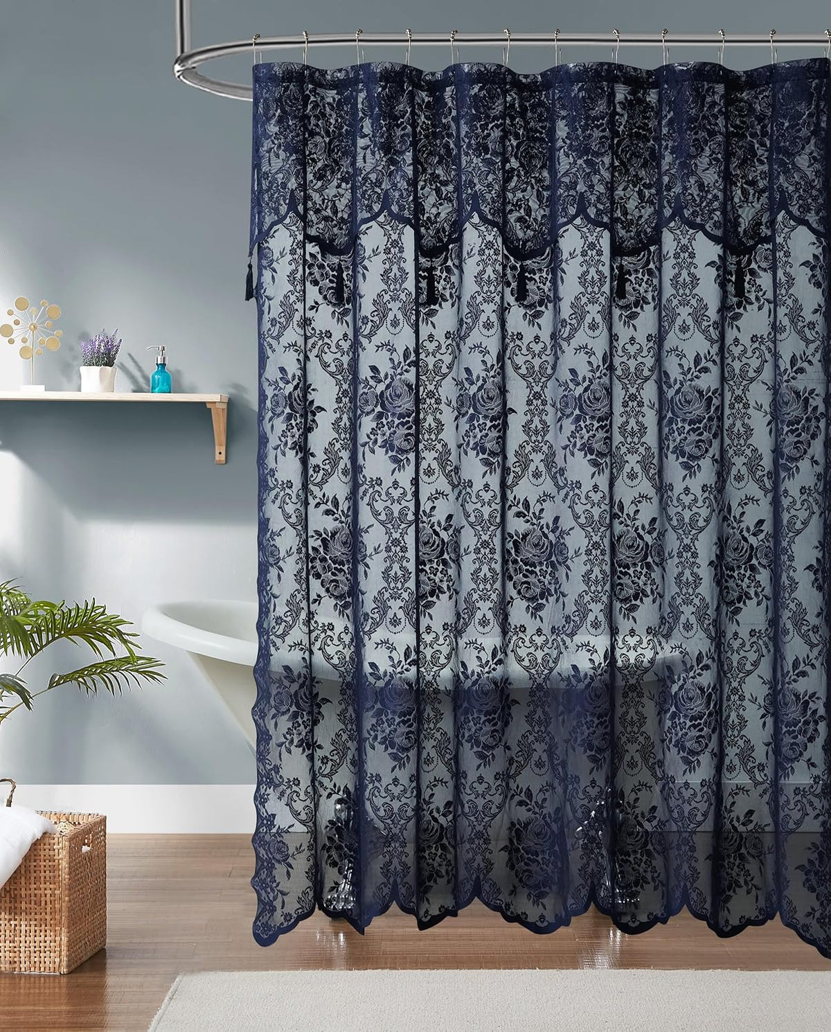 Warm Home Designs Navy Blue Lace Shower Curtain with Valance. LA Navy 72