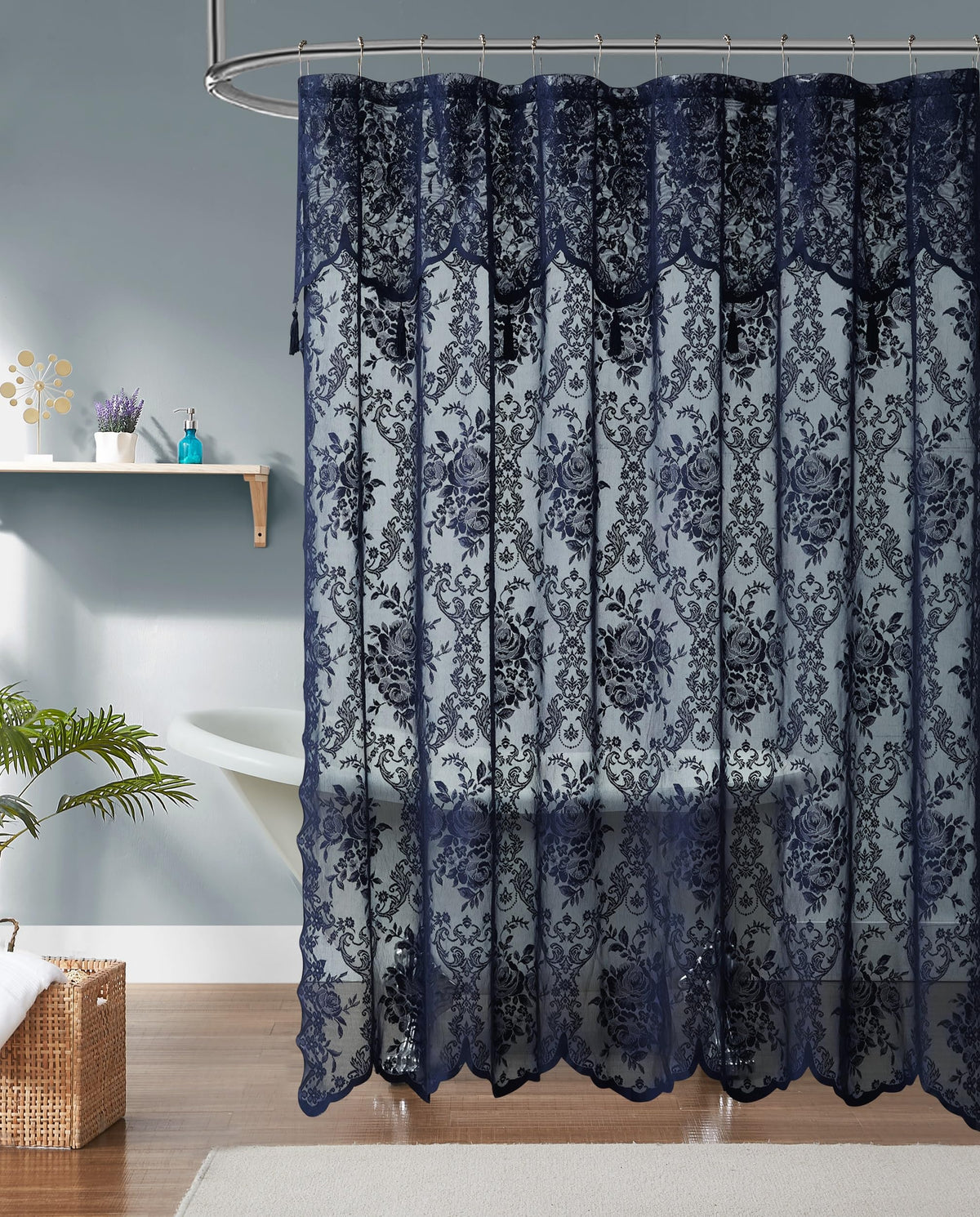 Warm Home Designs Navy Blue Lace Shower Curtain with Valance. LA Navy 72
