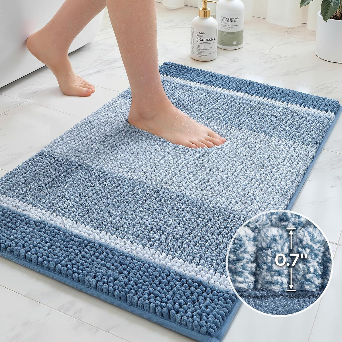 HOMEIDEAS Blue Bathroom Rugs Sets 2 Piece Chenille, 20"x32"+17"x24"