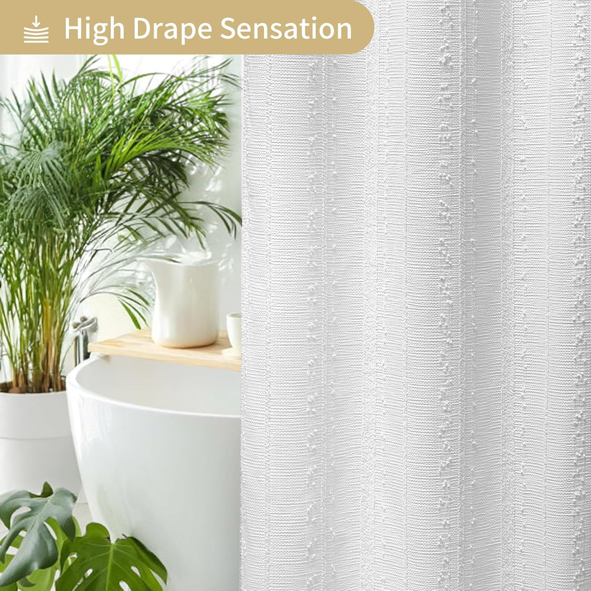 White Shower Curtain Boho, Textured Shower Curtain Cotton Blend Waffle Weave Stripe Fabric Shower Curtains for Bathroom, Hotel, Washable, 72 x 72