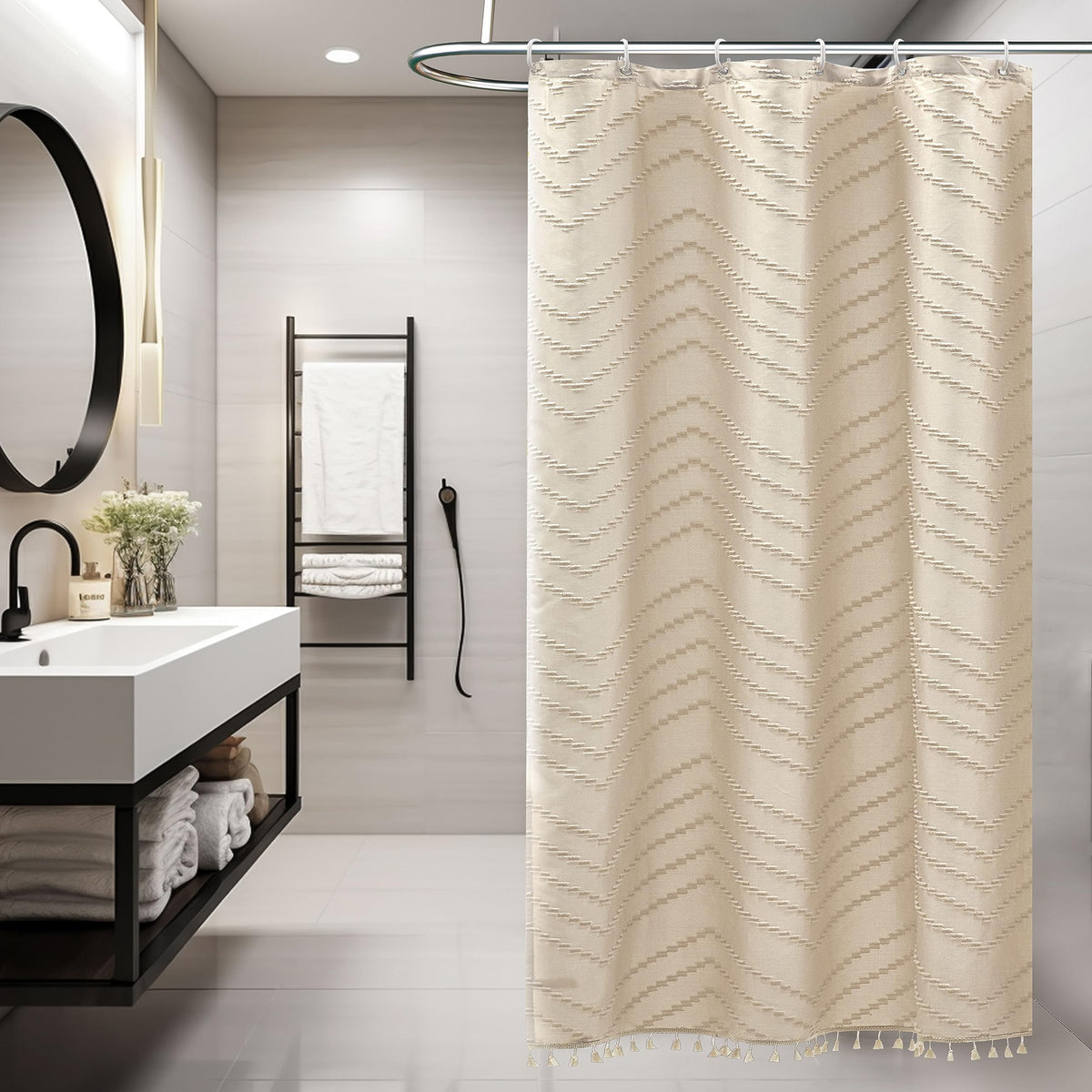 Siiluminisoy Boho Shower Curtain with Tassel Woven Fabric Olive Green Shower Curtain 72 x 72 Modern Farmhouse Textured Tufted Chevron Striped Minimalist Bathroom Shower Curtains