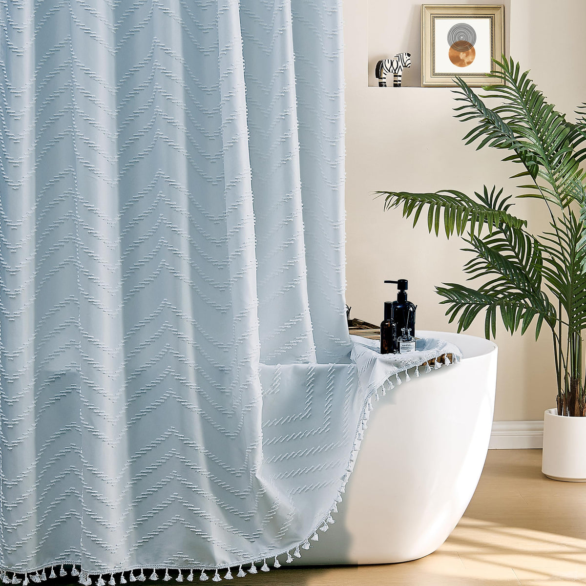 Siiluminisoy Boho Shower Curtain with Tassel Woven Fabric Olive Green Shower Curtain 72 x 72 Modern Farmhouse Textured Tufted Chevron Striped Minimalist Bathroom Shower Curtains