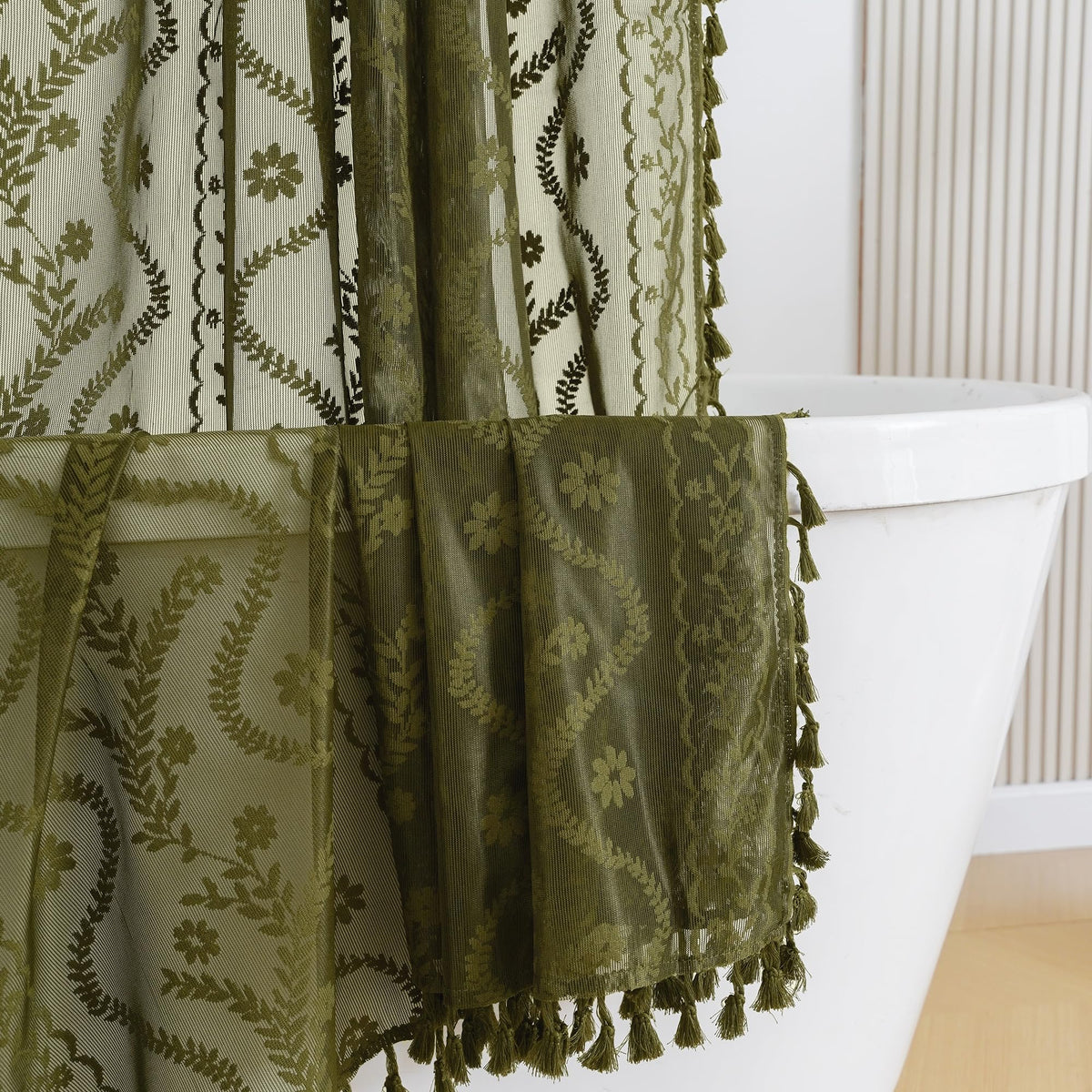 WAZZIO Dark Sage Green Lace Shower Curtain,Boho Chic,72 x 84 in