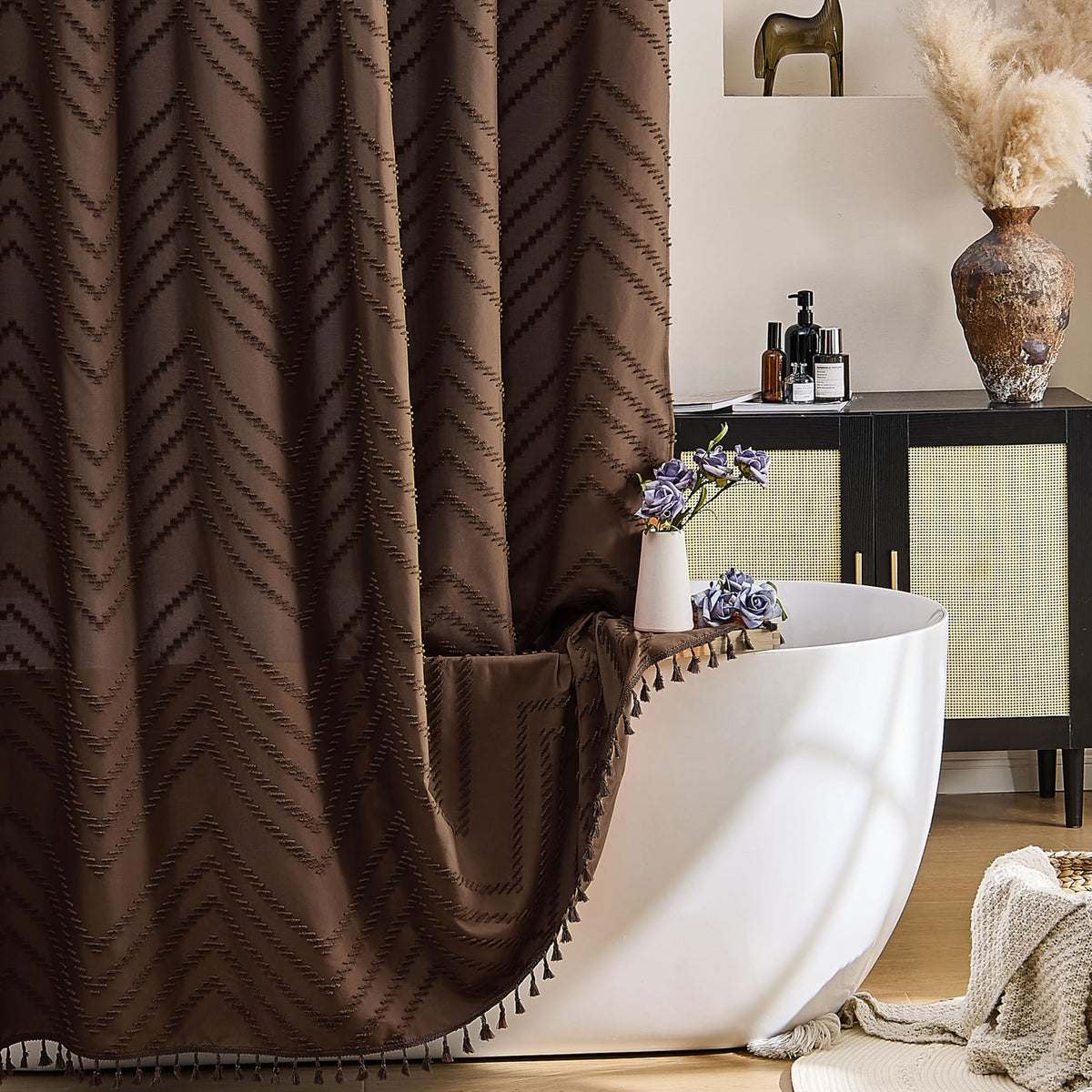 Siiluminisoy Boho Shower Curtain with Tassel Woven Fabric Olive Green Shower Curtain 72 x 72 Modern Farmhouse Textured Tufted Chevron Striped Minimalist Bathroom Shower Curtains