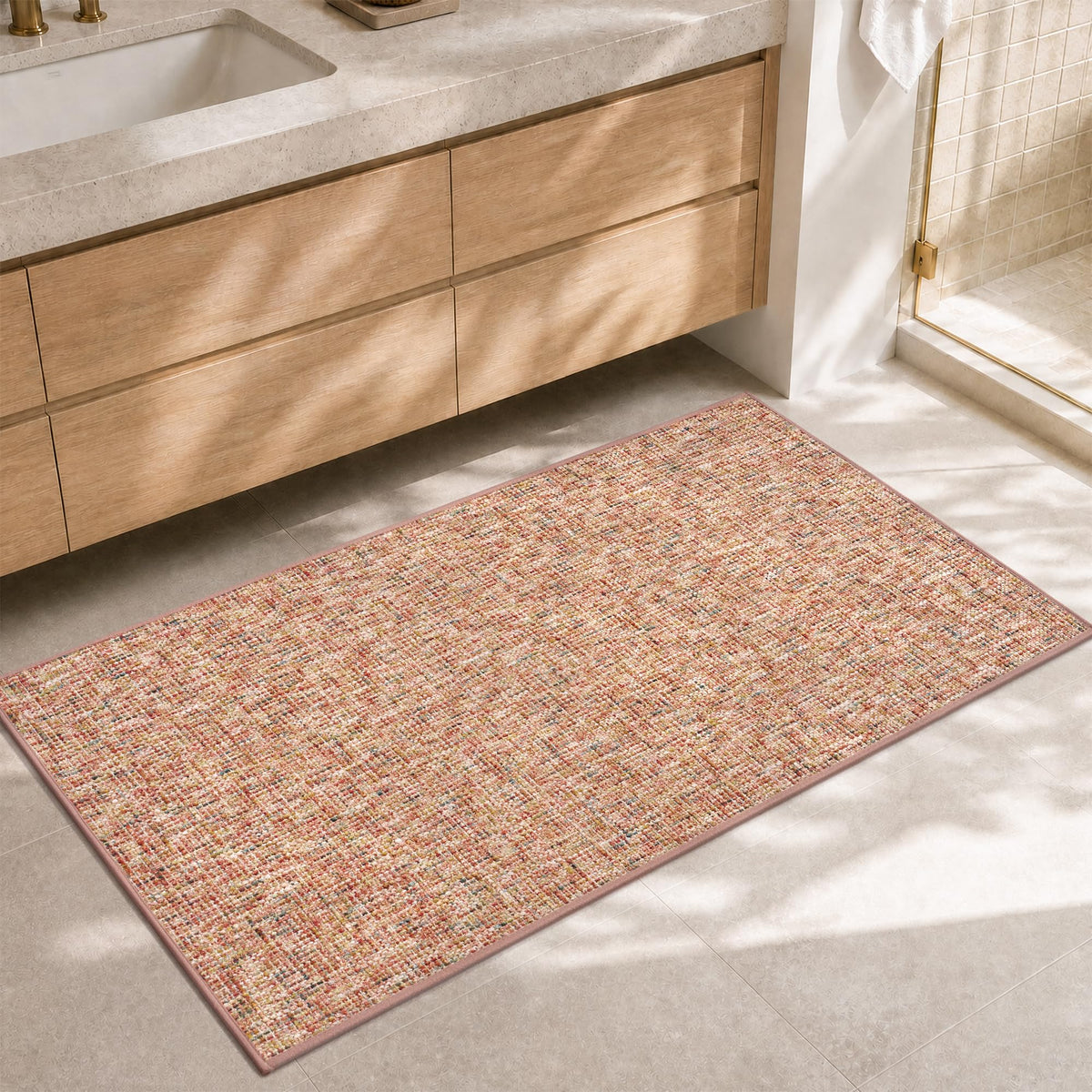 Chenille Bath Mat Non Slip Absorbent Quick Dry Bathroom Mat 17"x24", Beige
