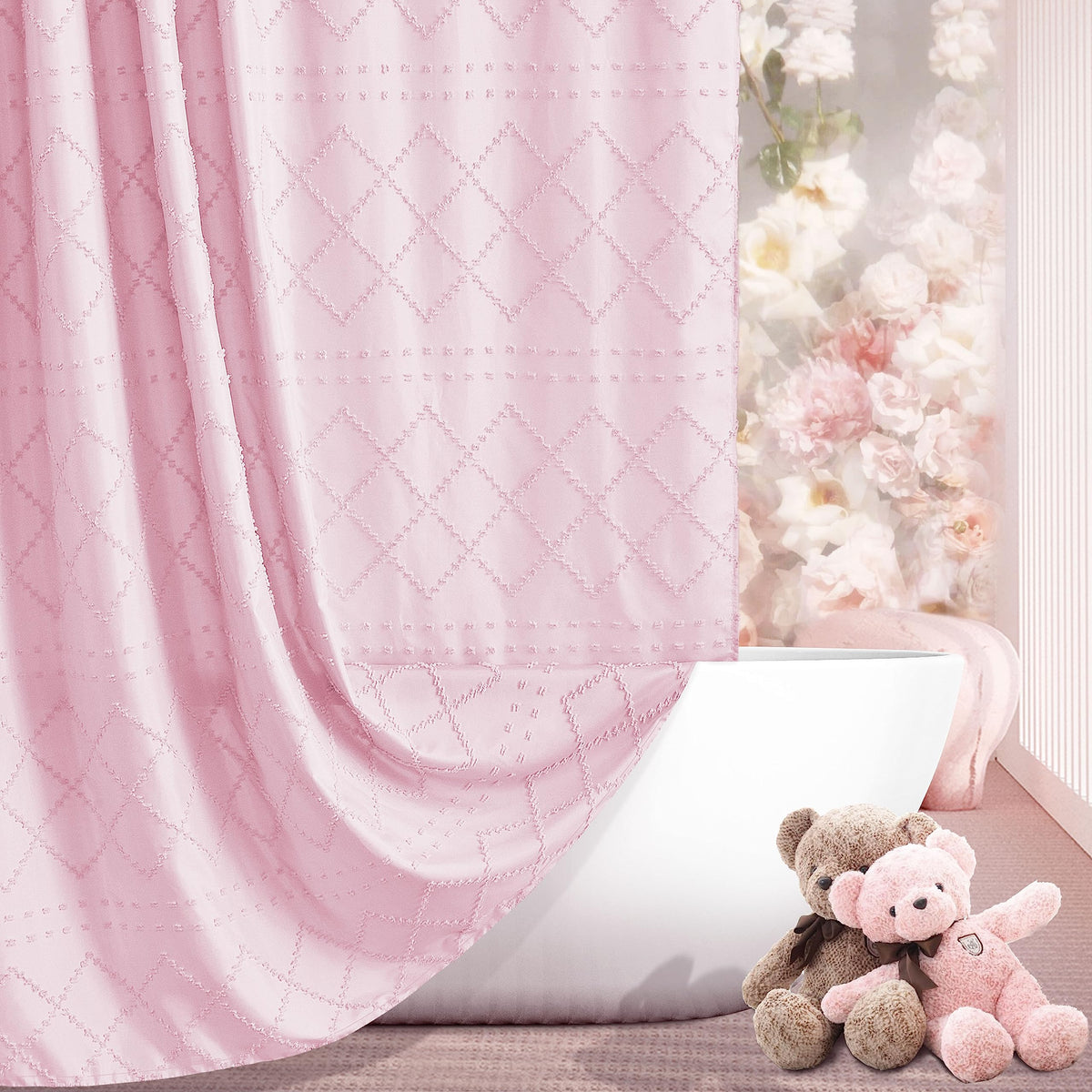 White Boho Shower Curtain Fabric Shower Curtains with Tassel 72 x 72 Modern Textured Shower Curtain Farmhouse Minimalist, Tufted Chevron Striped Shabby Chic, Water Resistant Cloth Curtain for Bathroom