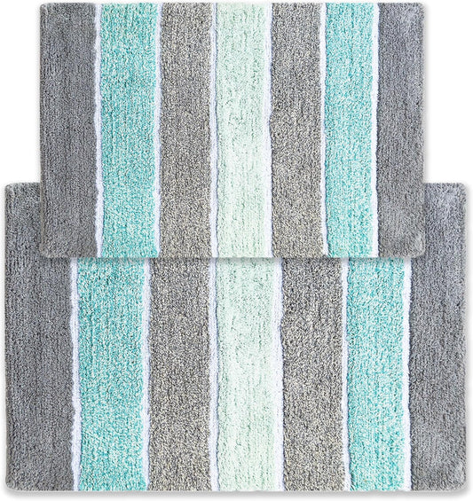 Chardin home Cordural Stripes Bath Mat, Set of 2 Bath Rugs (17 Inches x24 Inches & 21 Inches x34 Inches) | Non Slip Bathroom Rug, Machine Washable, Plush, Highly Absorbent | Mint Green & Grey