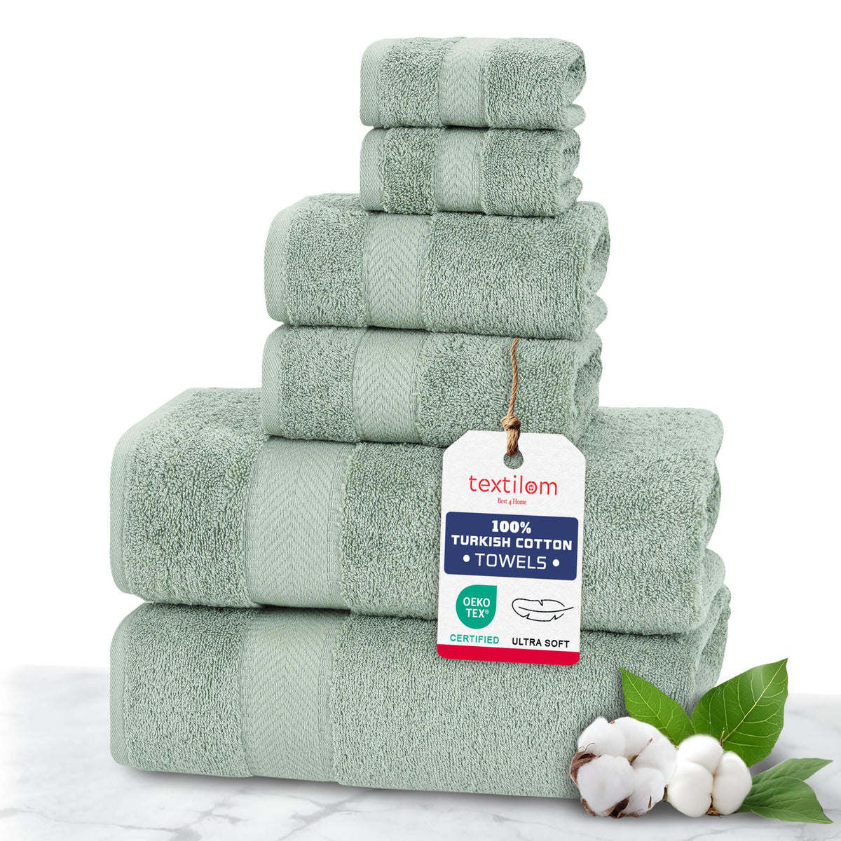 TEXTILOM 100% Turkish Cotton 6 Pcs Luxury Bath Towel Set, Soft & Absorbent Towels for Bathroom (2 Bath Towels, 2 Hand Towel, 2 Washcloths) - Aqua
