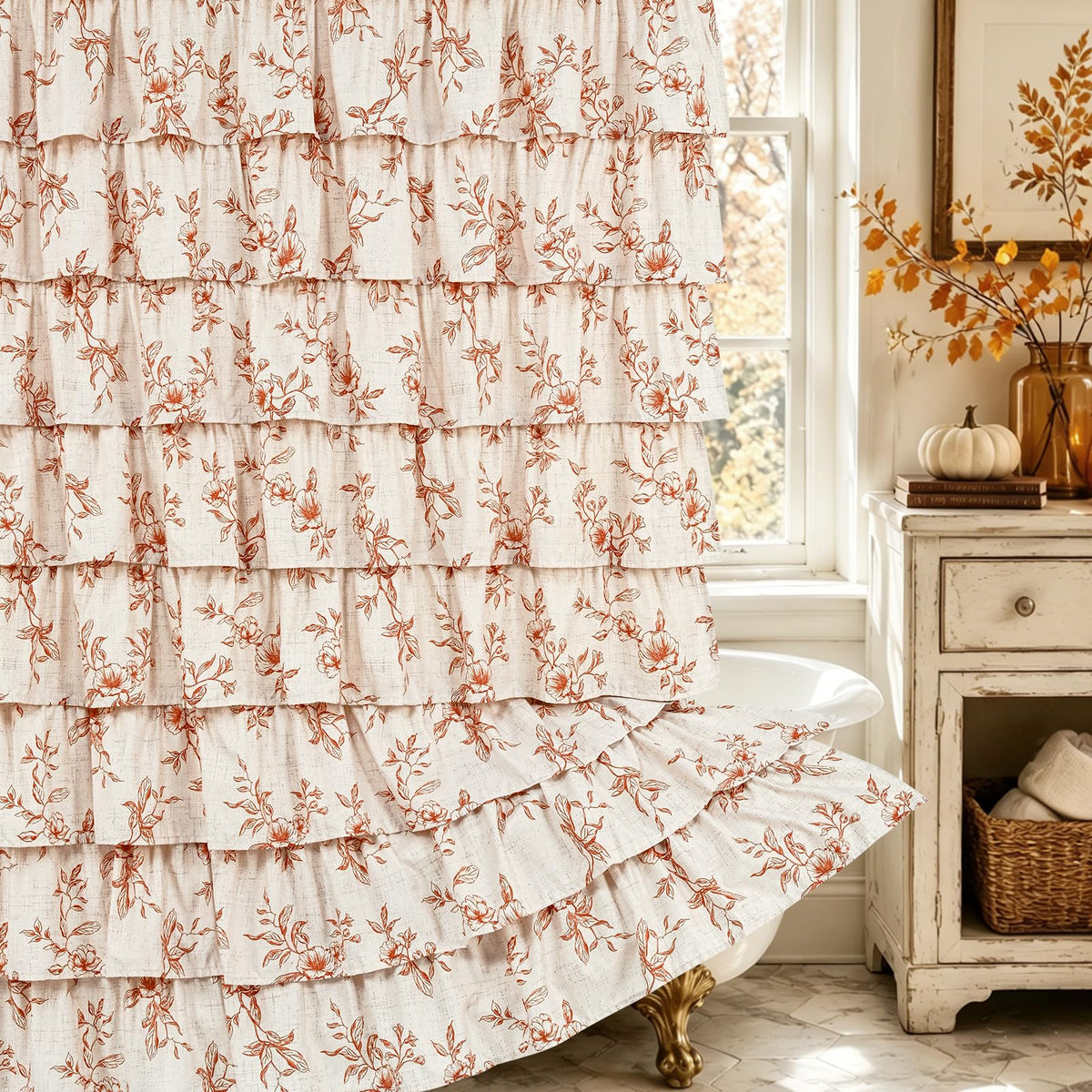 Farmhouse Floral Shower Curtain, Ruffle Bathroom Curtains, 72"Wx72"L