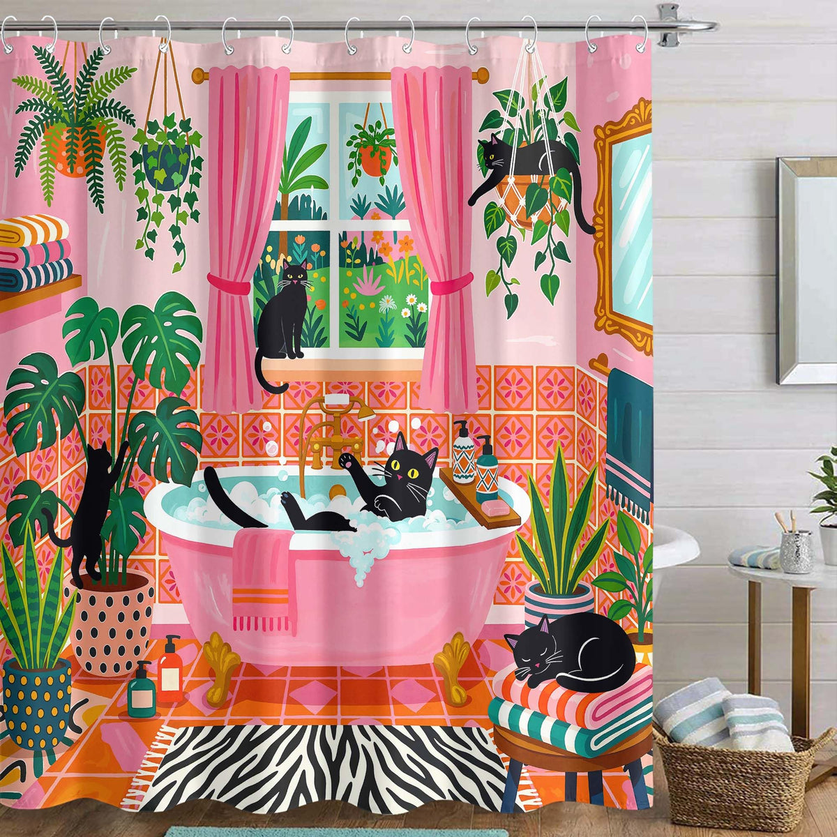 Accnicc Cute Cat Shower Curtain Funny Fun Cool Cats Monet Shower Curtains for Bathroom Water Lilies Waterproof Fabric Bath Curtain Decor 72 X 72 Inch