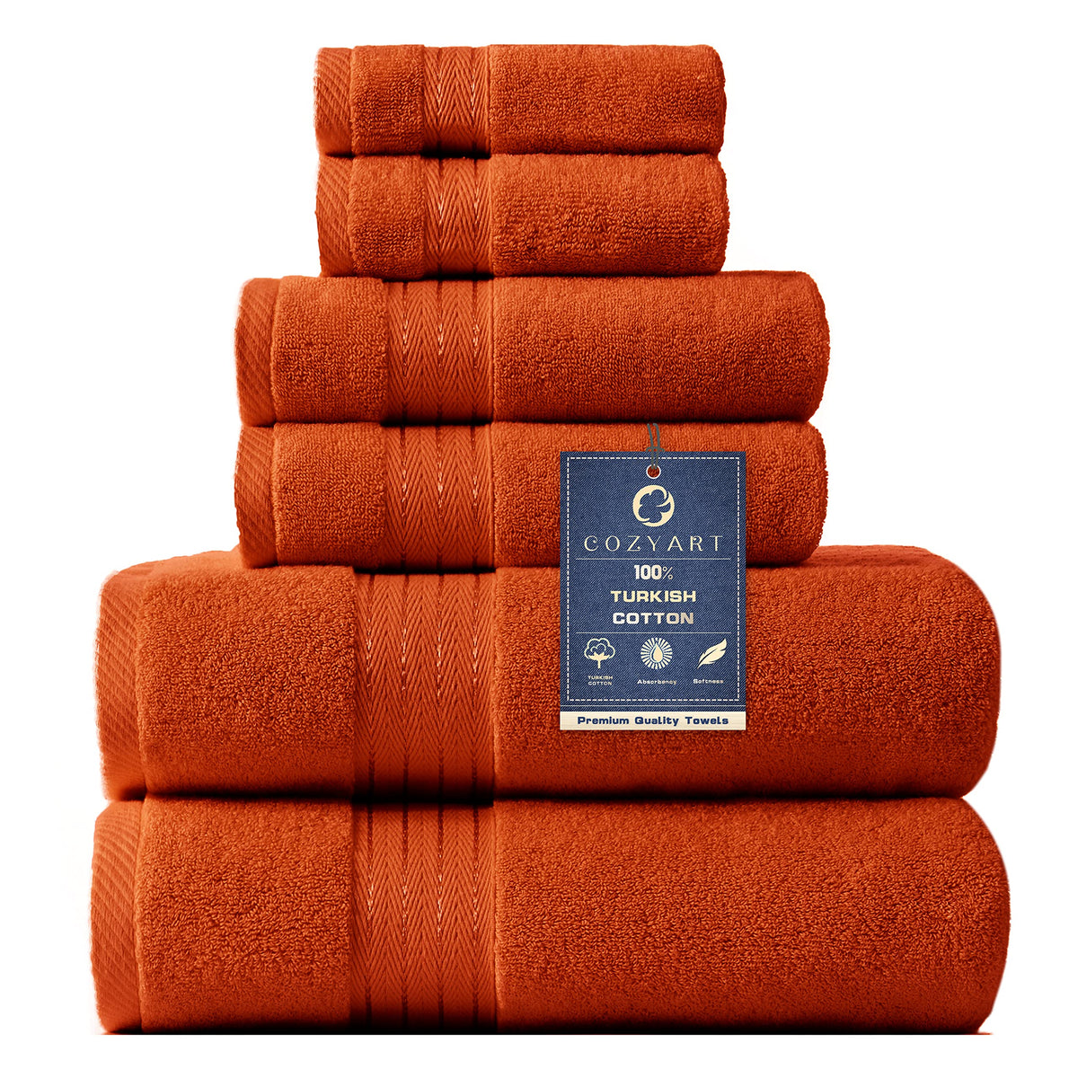 COZYART Luxury Bath Towel Set 6 Pcs, Burnt Orange 100% Turkish Cotton